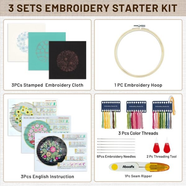 3 Sets Embroidery Stitch Practice kit for Beginners Adults, Flower Stitch Starter Kits Set for Adults with Embroidery Skill Techniques - Image 2