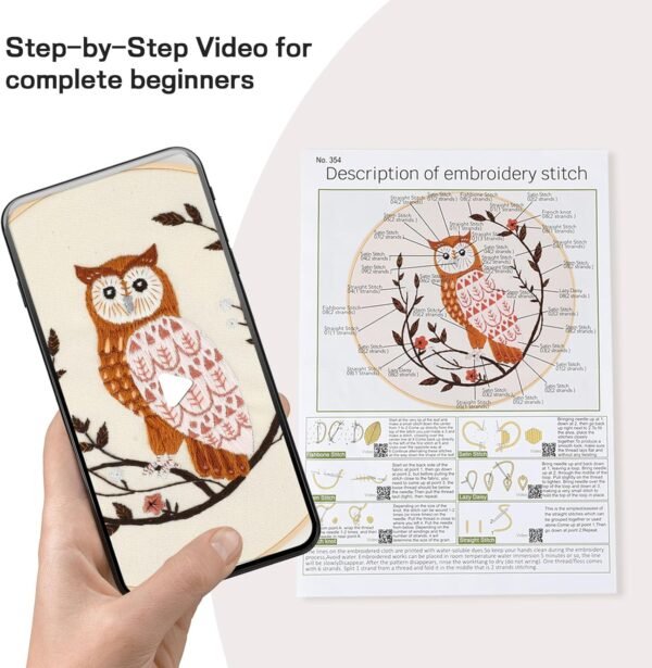 Owl Beginner Embroidery Kit for Adults, DIY Craft Lover Starter Hand Stitch, Includes Stamped Patterns, Embroidery Hoop, Needles and Color Threads, Easy to Follow Video Tutorial