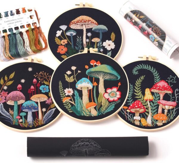 4pcs of Embroidery Starter kit with Patterns and Instructions, DIY Adult Beginner Cross Stitch Kits, Including 2 Plastic Embroidery Rings, 1 Pair of Scissors, Colored Threads and Needles