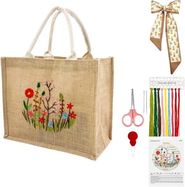Linen Tote Bag DIY Embroidery Kit for Beginners with Scarf, Printed Cross Stitch Craft Kit with Thread, Needle & Guide – Reusable Grocery Bag for Women