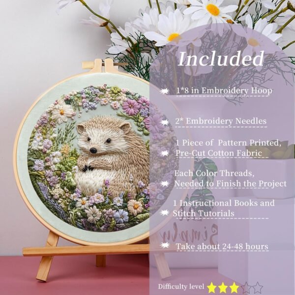 Embroidery Kit for Beginners, Cute Hedgehog Stamped Embroidery Patterns Kits for Adults with Hoop, Easy to Follow Sewing Thread Needlework, 8'' Hoop (Adorably Spiky)
