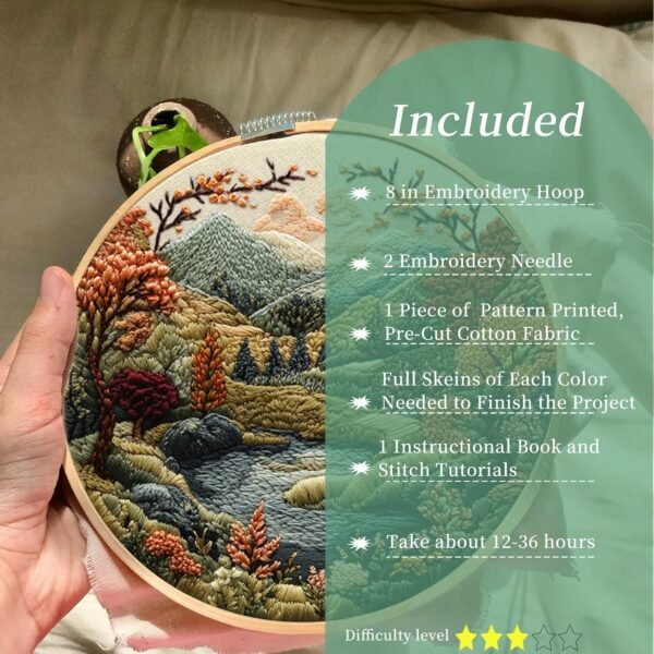 Embroidery Kit for Beginners, Boho Nature Landscape Pre-Stamped Pattern Kits for Adults with Hoop, Easy to Follow Color Thread Needlework, 8'' Hoop (Flowers Hills) - Image 2