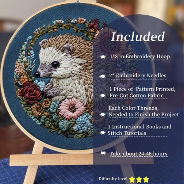 Embroidery Kit for Beginners, Cute Hedgehog Stamped Embroidery Patterns Kits for Adults with Hoop, Easy to Follow Sewing Thread Needlework, 8'' Hoop (Resilient)