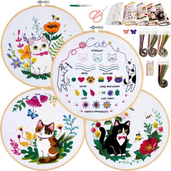 Embroidery Kit for Beginners, 4 Sets Cat Embroidery Kits, Needle Point Kits Adults Beginner, with Original Patterns, Detailed and Easy to Follow Step-by-Step Instructions